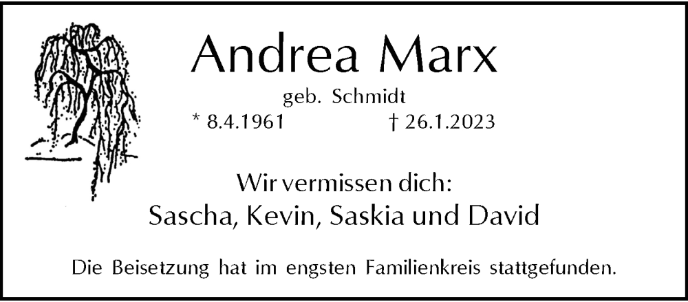  Traueranzeige für Andrea Marx vom 11.02.2023 aus trauer.wuppertaler-rundschau.de
