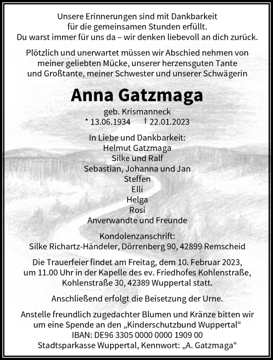 Traueranzeige von Anna Gatzmaga von trauer.wuppertaler-rundschau.de