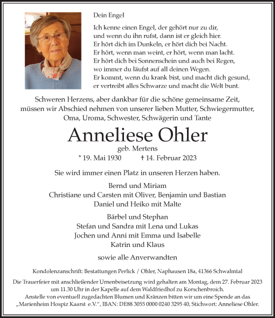 Traueranzeige von Anneliese Ohler von trauer.extra-tipp-moenchengladbach.de