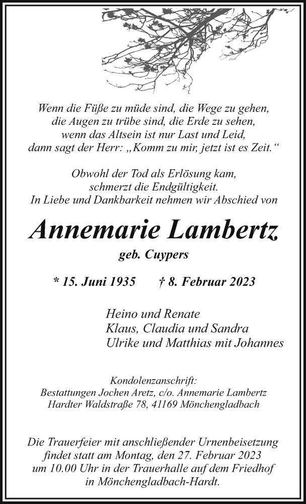  Traueranzeige für Annemarie Lambertz vom 19.02.2023 aus trauer.extra-tipp-moenchengladbach.de
