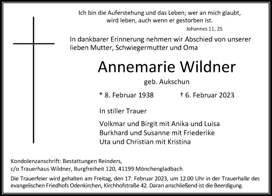 Traueranzeige von Annemarie Wildner von trauer.extra-tipp-moenchengladbach.de