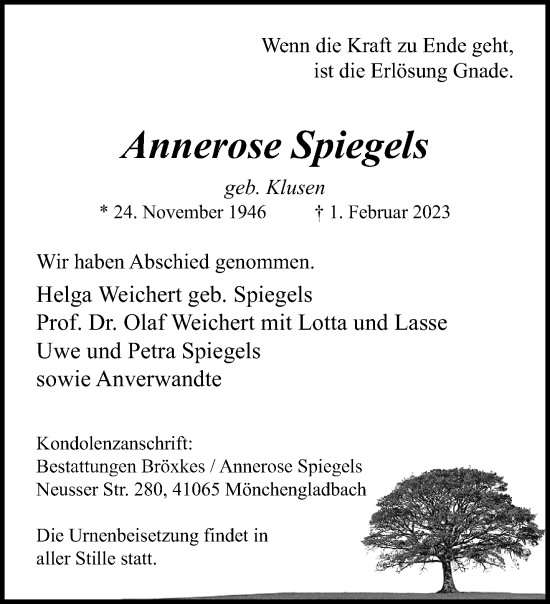 Traueranzeige von Annerose Spiegels von trauer.extra-tipp-moenchengladbach.de