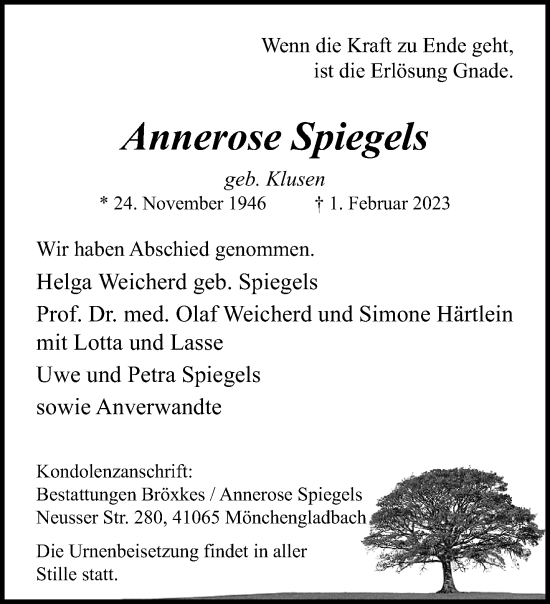 Traueranzeige von Annerose Spiegels von trauer.extra-tipp-moenchengladbach.de