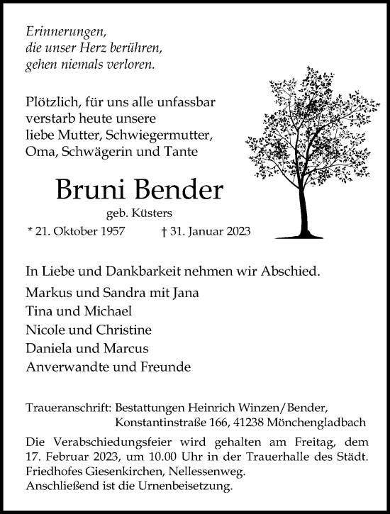 Traueranzeige von Bruni Bender von trauer.extra-tipp-moenchengladbach.de