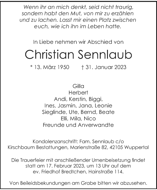 Traueranzeige von Christian Sennlaub von trauer.wuppertaler-rundschau.de