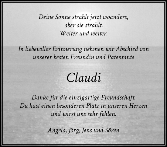 Traueranzeige von Claudi  von trauer.wuppertaler-rundschau.de