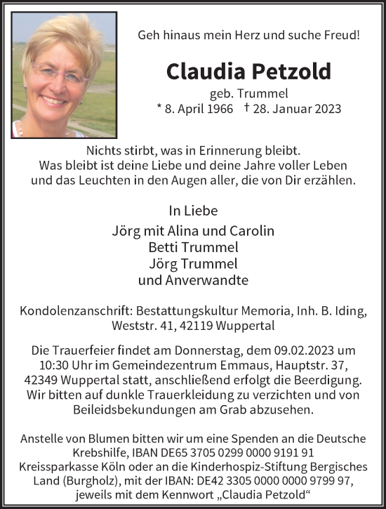 Traueranzeige von Claudia Petzold von trauer.wuppertaler-rundschau.de