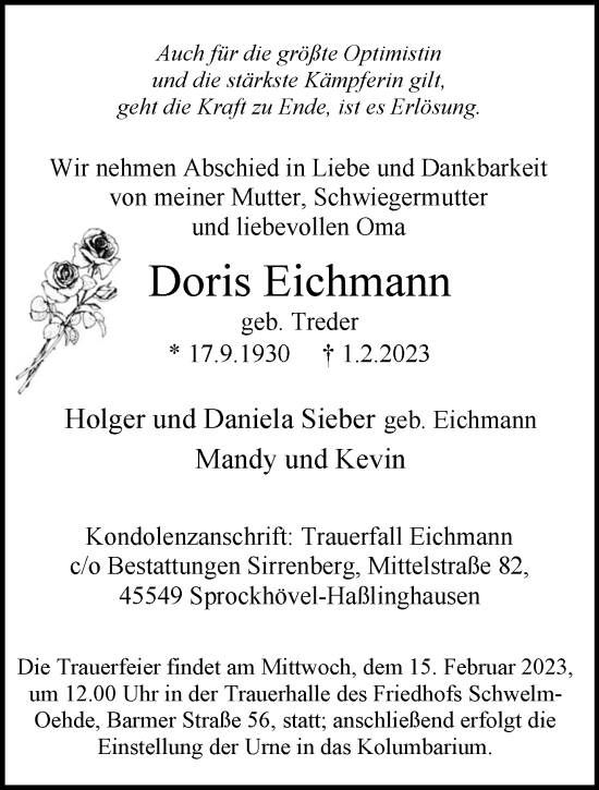 Traueranzeige von Doris Eichmann von trauer.wuppertaler-rundschau.de