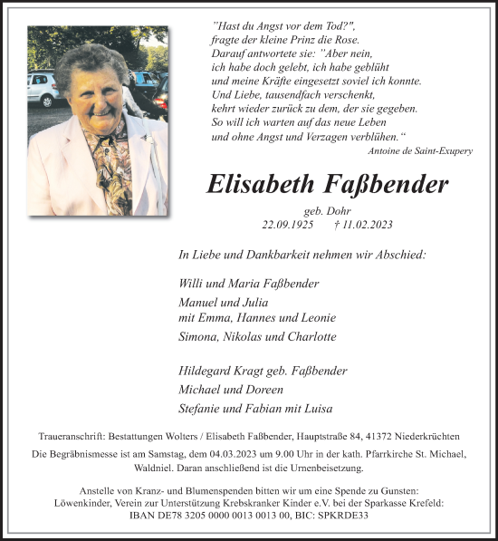 Traueranzeige von Elisabeth Faßbender von trauer.extra-tipp-moenchengladbach.de