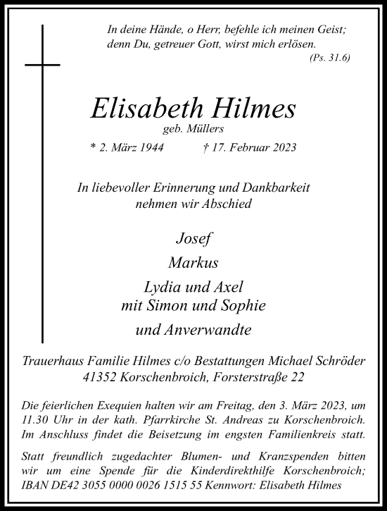 Traueranzeige von Elisabeth Hilmes von trauer.extra-tipp-moenchengladbach.de