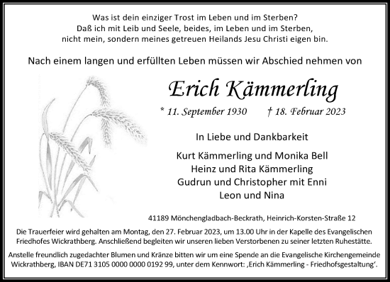 Traueranzeige von Erich Kämmerling von trauer.extra-tipp-moenchengladbach.de