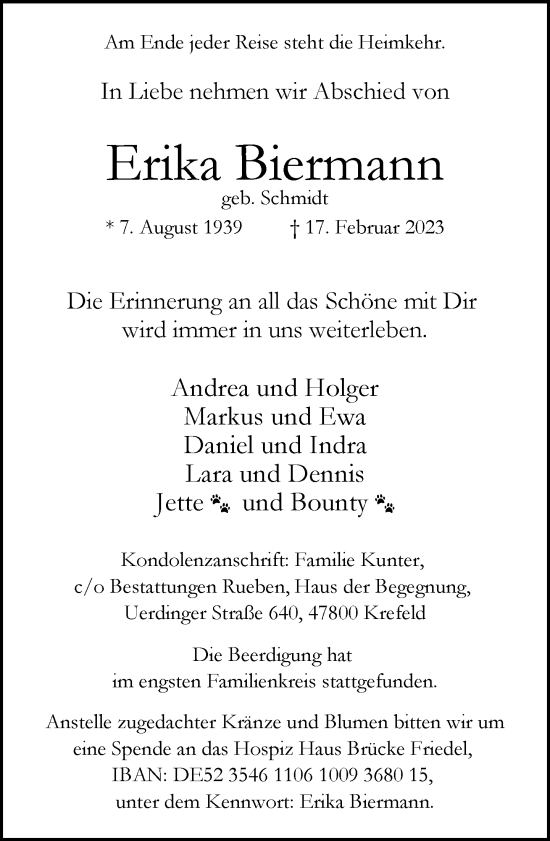 Traueranzeige von Erika Biermann von trauer.mein.krefeld.de