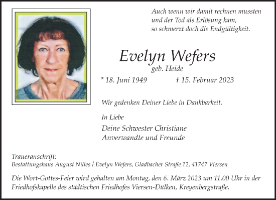 Traueranzeige von Evelyn Wefers von trauer.extra-tipp-moenchengladbach.de