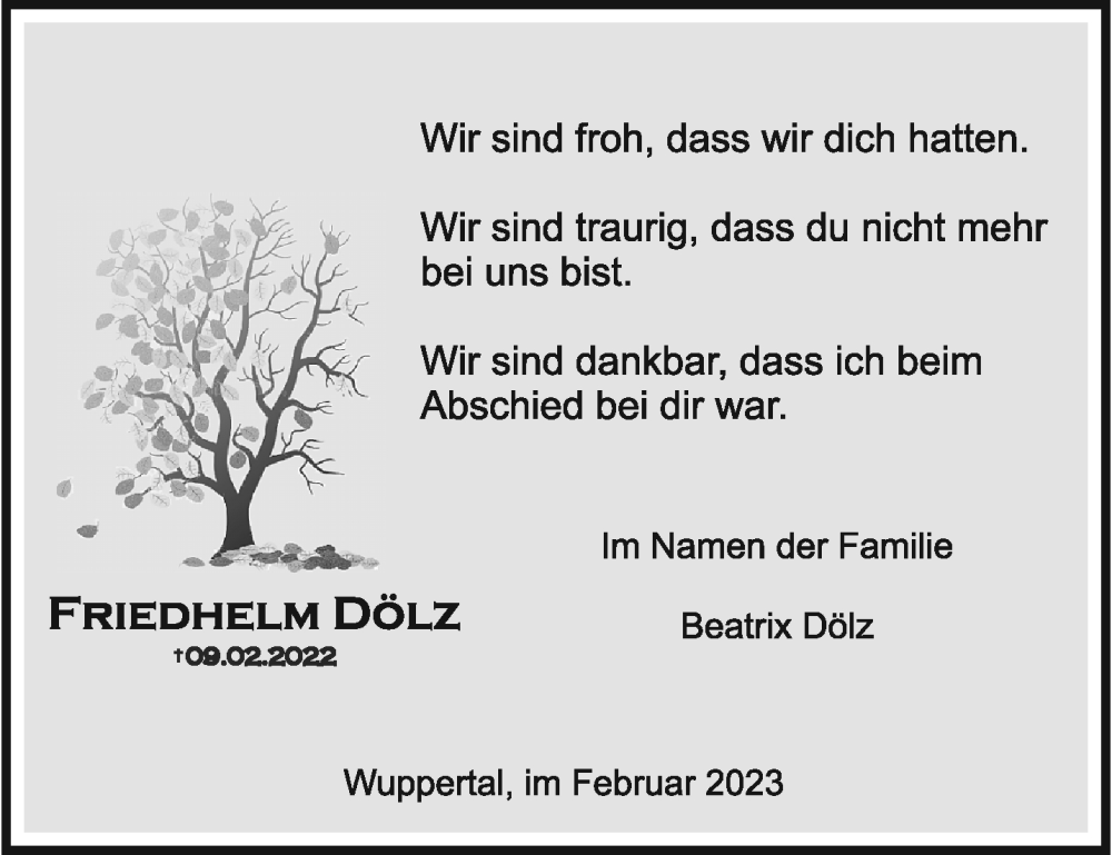 Traueranzeige für Friedhelm Dölz vom 11.02.2023 aus trauer.wuppertaler-rundschau.de