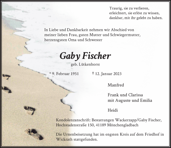 Traueranzeige von Gaby Fischer von trauer.extra-tipp-moenchengladbach.de