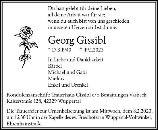 Traueranzeige von Georg Gissibl von trauer.wuppertaler-rundschau.de