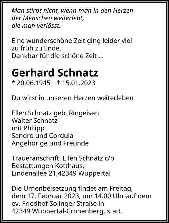 Traueranzeige von Gerhard Schnatz von trauer.wuppertaler-rundschau.de
