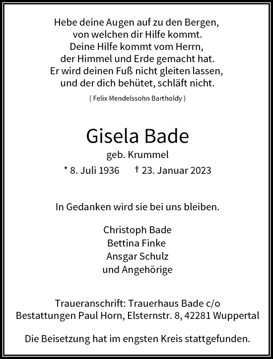 Traueranzeige von Gisela Bade von trauer.wuppertaler-rundschau.de