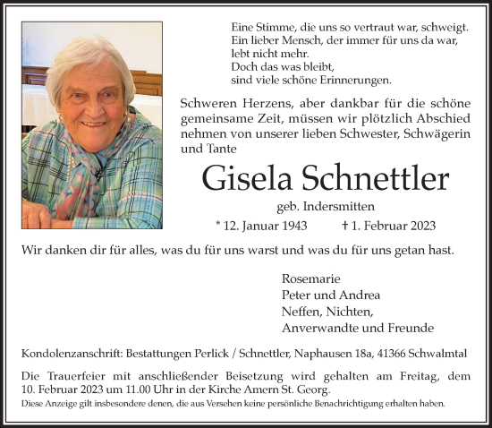 Traueranzeige von Gisela Schnettler von trauer.extra-tipp-moenchengladbach.de