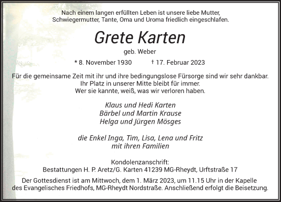 Traueranzeige von Grete Karten von trauer.extra-tipp-moenchengladbach.de