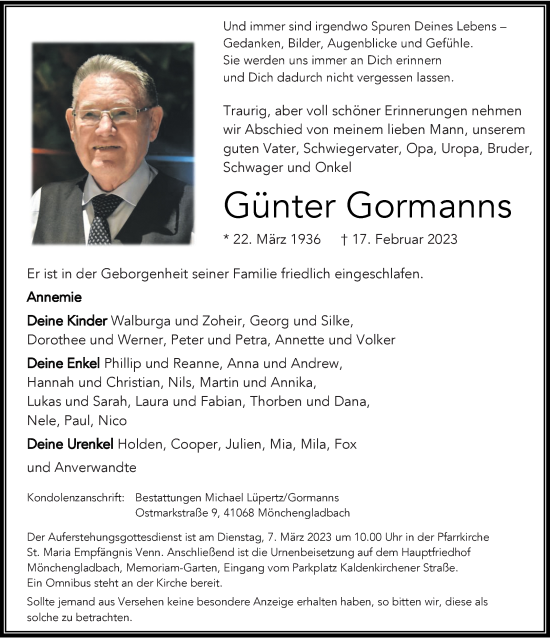 Traueranzeige von Günter Gormanns von trauer.extra-tipp-moenchengladbach.de