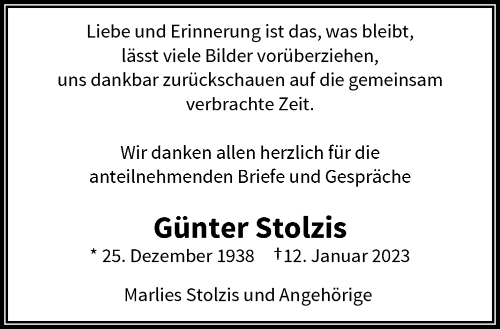  Traueranzeige für Günter Stolzis vom 11.02.2023 aus trauer.wuppertaler-rundschau.de