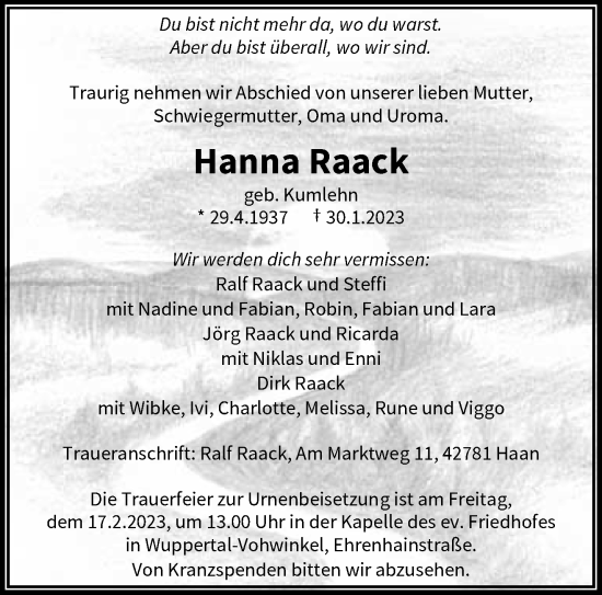 Traueranzeige von Hanna Raack von trauer.wuppertaler-rundschau.de