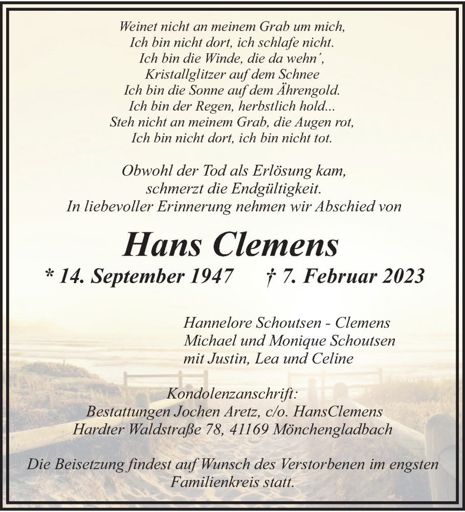  Traueranzeige für Hans Clemens vom 12.02.2023 aus trauer.extra-tipp-moenchengladbach.de