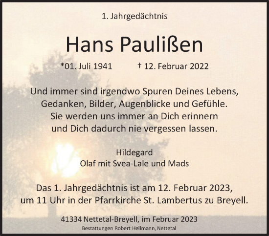 Traueranzeige von Hans Paulißen von trauer.extra-tipp-moenchengladbach.de