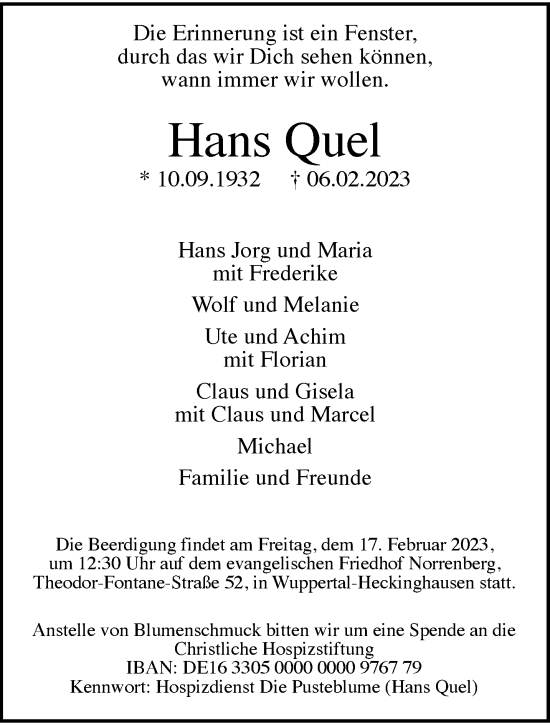 Traueranzeige von Hans Quel von trauer.wuppertaler-rundschau.de