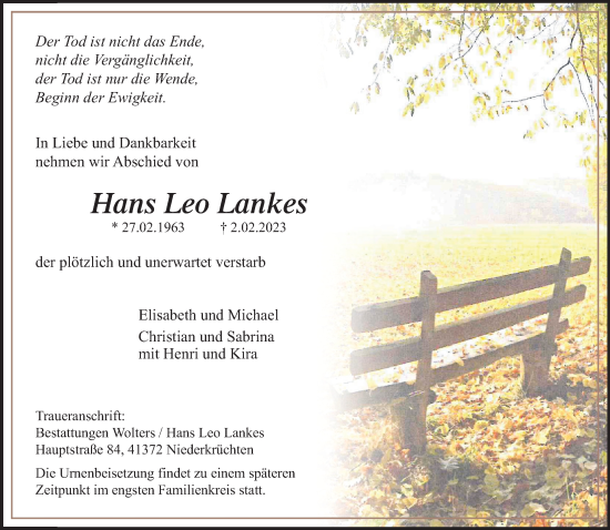 Traueranzeige von Hans Leo Lankes von trauer.extra-tipp-moenchengladbach.de