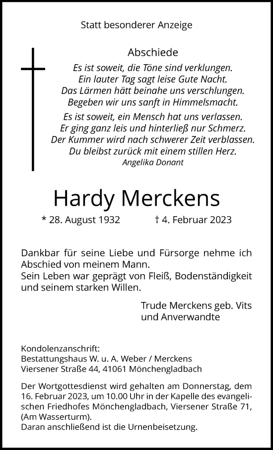 Traueranzeige von Hardy Merckens von trauer.extra-tipp-moenchengladbach.de