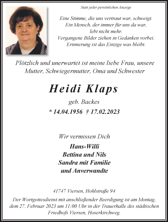 Traueranzeige von Heidi Klaps von trauer.extra-tipp-moenchengladbach.de