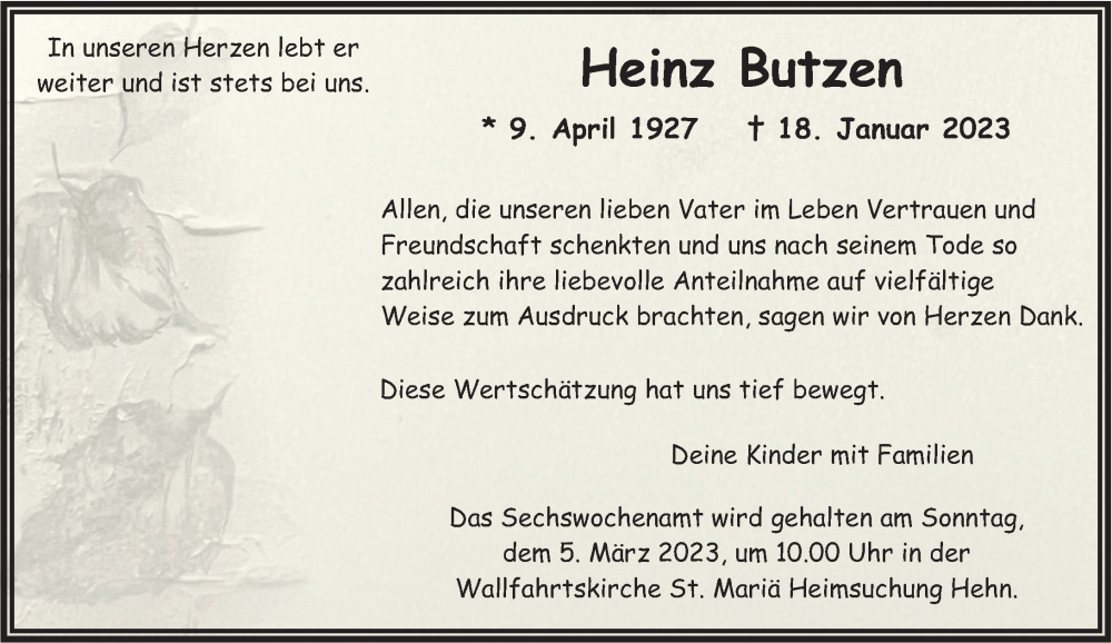  Traueranzeige für Heinz Butzen vom 26.02.2023 aus trauer.extra-tipp-moenchengladbach.de