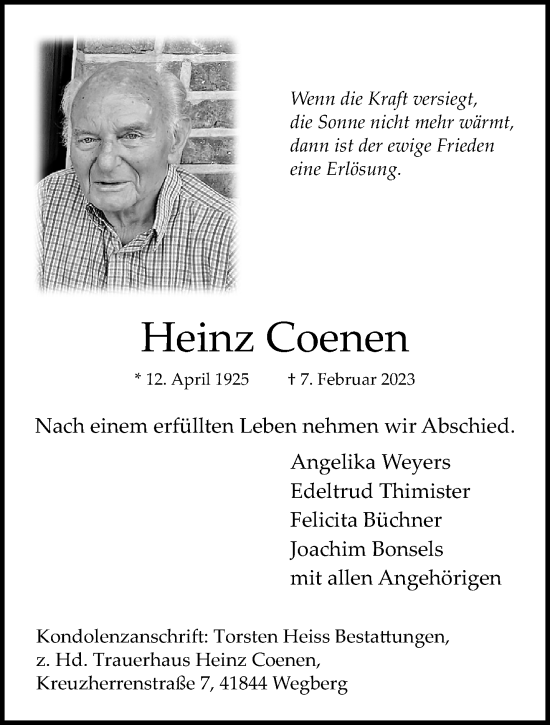 Traueranzeige von Heinz Coenen von trauer.extra-tipp-moenchengladbach.de