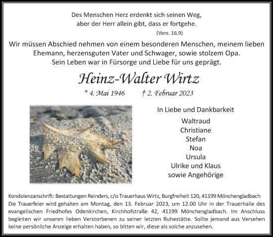 Traueranzeige von Heinz-Walter Wirtz von trauer.extra-tipp-moenchengladbach.de