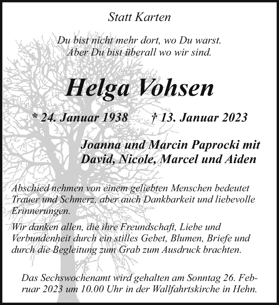  Traueranzeige für Helga Vohsen vom 19.02.2023 aus trauer.extra-tipp-moenchengladbach.de