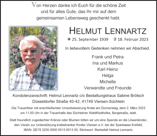 Traueranzeige von Helmut Lennartz von trauer.extra-tipp-moenchengladbach.de