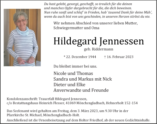 Traueranzeige von Hildegard Jennessen von trauer.extra-tipp-moenchengladbach.de