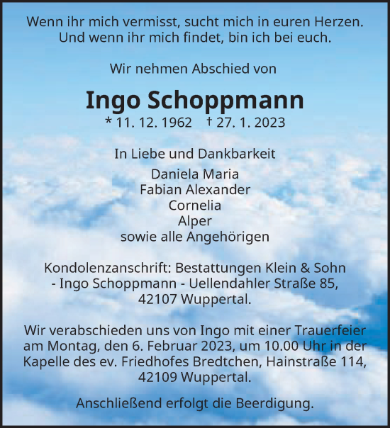 Traueranzeige von Ingo Schoppmann von trauer.wuppertaler-rundschau.de