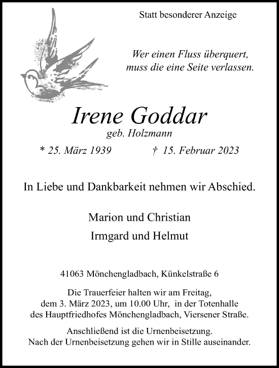 Traueranzeige von Irene Goddar von trauer.extra-tipp-moenchengladbach.de