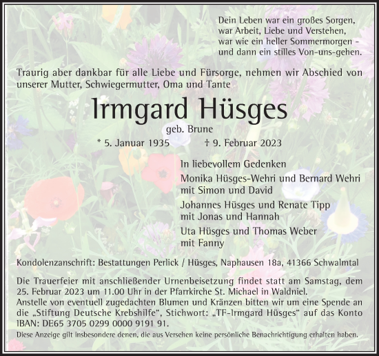 Traueranzeige von Irmgard Hüsges von trauer.extra-tipp-moenchengladbach.de