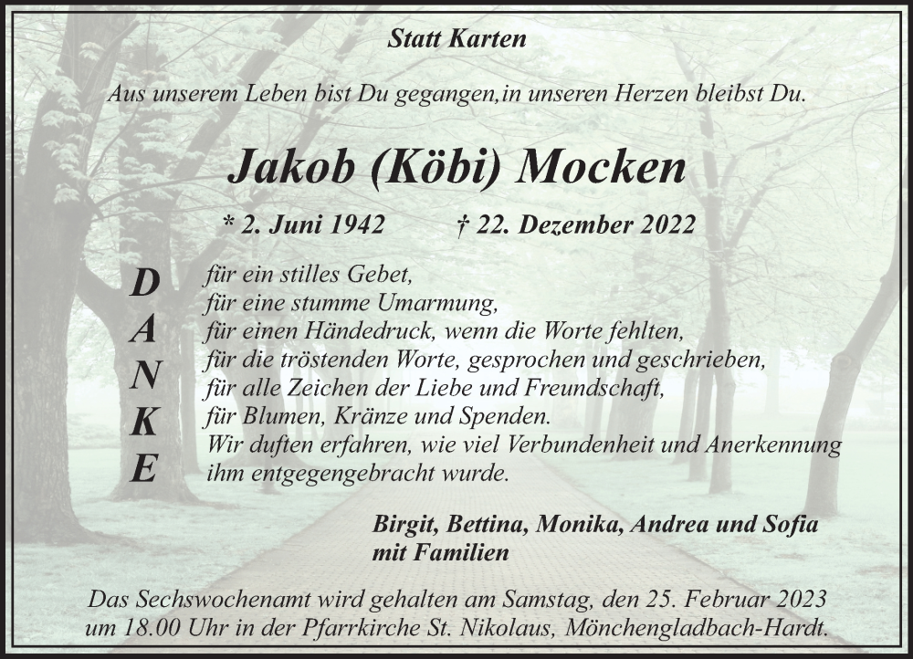  Traueranzeige für Jakob Mocken vom 12.02.2023 aus trauer.extra-tipp-moenchengladbach.de