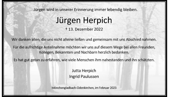 Traueranzeige von Jürgen Herpich von trauer.extra-tipp-moenchengladbach.de