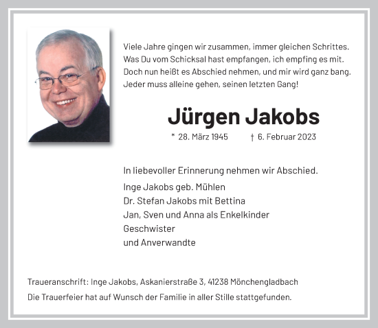 Traueranzeige von Jürgen Jakobs von trauer.extra-tipp-moenchengladbach.de