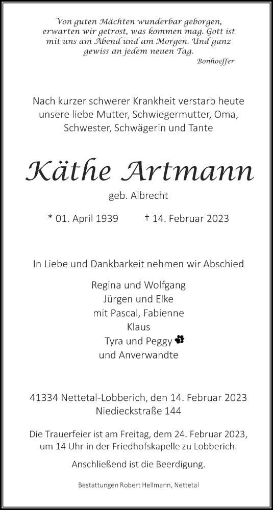 Traueranzeige von Käthe Artmann von trauer.extra-tipp-moenchengladbach.de