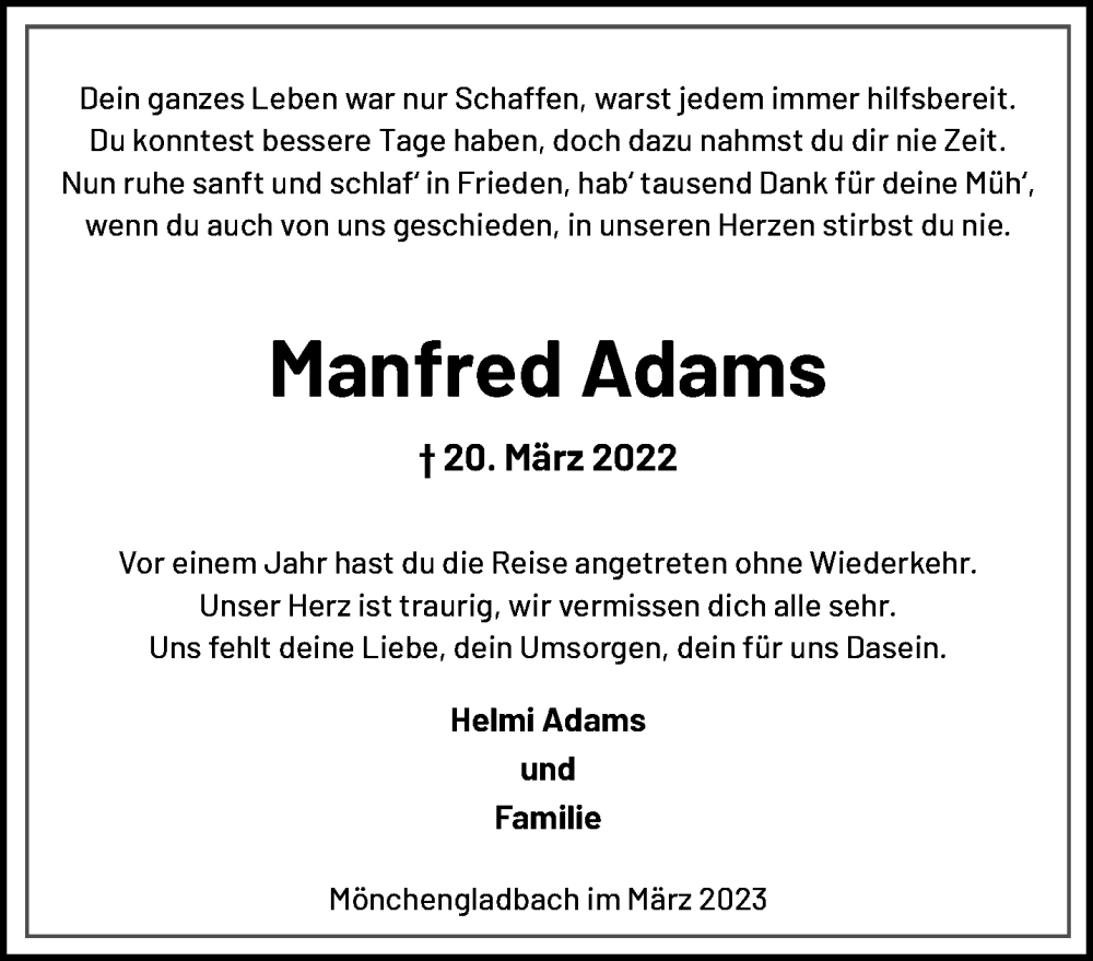  Traueranzeige für Manfred Adams vom 19.03.2023 aus trauer.extra-tipp-moenchengladbach.de