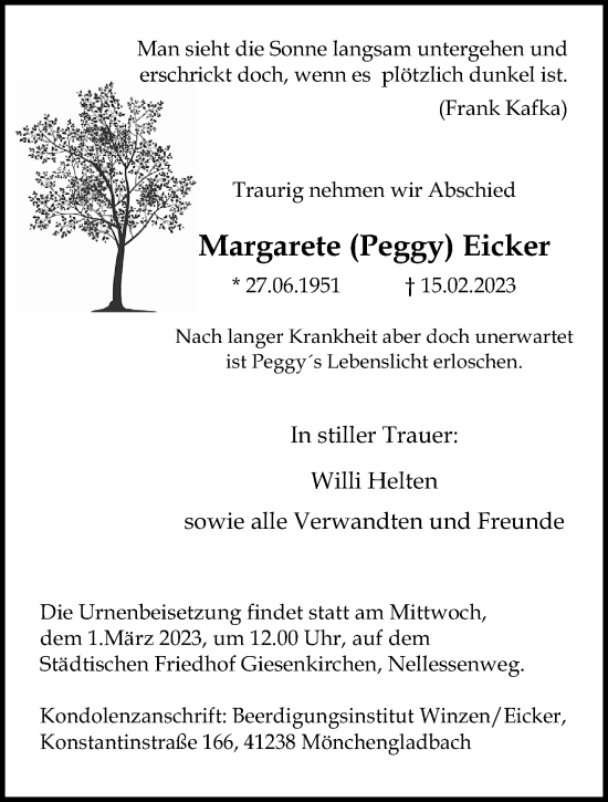 Traueranzeige von Margarete Eicker von trauer.extra-tipp-moenchengladbach.de