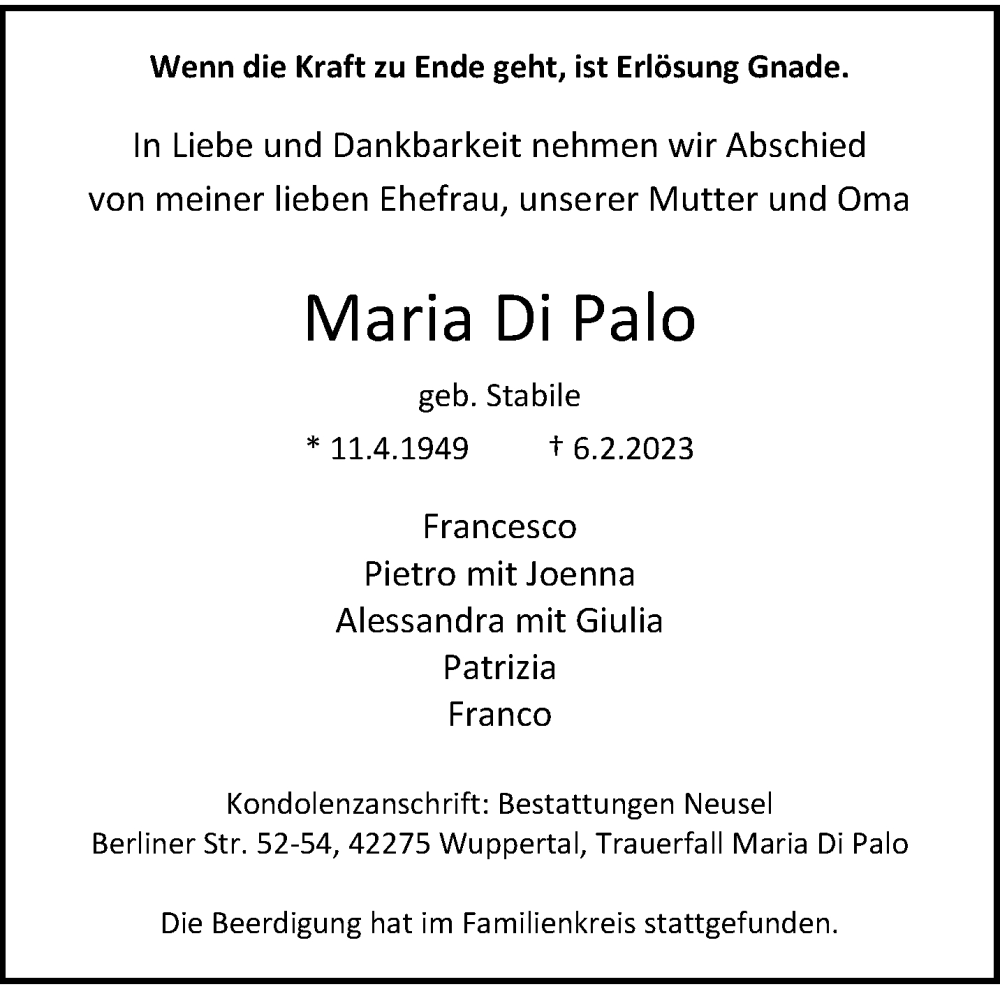  Traueranzeige für Maria Di Palo vom 18.02.2023 aus trauer.wuppertaler-rundschau.de