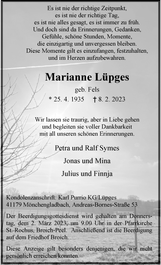 Traueranzeige von Marianne Lüpges von trauer.extra-tipp-moenchengladbach.de